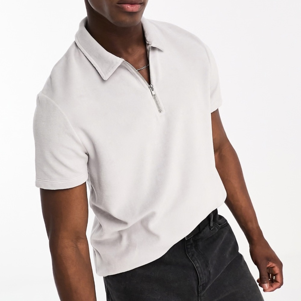 ASOS Design Short Sleeve Velour‎ Polo Loght Gray L